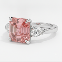 Afbeelding in Gallery-weergave laden, Padparadscha saffieren ring 3,6 karaat echte Asscher en witte trilliant driesteens platina
