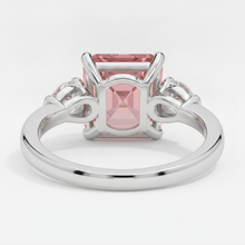 Afbeelding in Gallery-weergave laden, Padparadscha saffieren ring 3,6 karaat echte Asscher en witte trilliant driesteens platina
