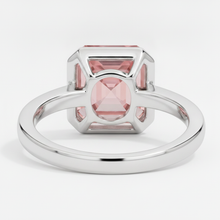 Afbeelding in Gallery-weergave laden, Perzikkleurige Padparadscha Saffier 3 Karaat Echte Asscher Lunette Solitairering Platina
