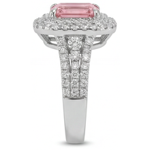 Afbeelding in Gallery-weergave laden, Perzikkleurige saffier 4,5 karaat labgekweekt Asscher padparadscha dubbele halo ring 14k witgoud
