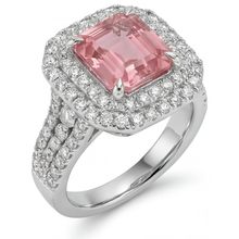 Afbeelding in Gallery-weergave laden, Perzikkleurige saffier 4,5 karaat labgekweekt Asscher padparadscha dubbele halo ring 14k witgoud
