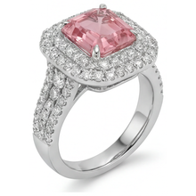 Afbeelding in Gallery-weergave laden, Perzikkleurige saffier 4,5 karaat labgekweekt Asscher padparadscha dubbele halo ring 14k witgoud
