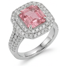 Afbeelding in Gallery-weergave laden, Perzikkleurige saffier 4,5 karaat labgekweekt Asscher padparadscha dubbele halo ring 14k witgoud
