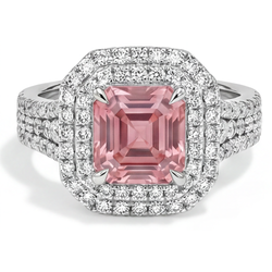 Perzikkleurige saffier 4,5 karaat labgekweekt Asscher padparadscha dubbele halo ring 14k witgoud