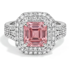 Afbeelding in Gallery-weergave laden, Perzikkleurige saffier 4,5 karaat labgekweekt Asscher padparadscha dubbele halo ring 14k witgoud
