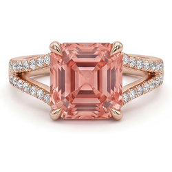 Padparadscha saffier ring 4,3 karaat labgekweekt Asscher pavé 14k Roségoud
