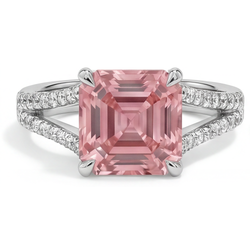 Perzikkleurige saffier 3,8 karaat natuurlijke Asscher padparadscha pavé ring 14k witgoud
