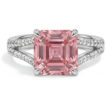 Afbeelding in Gallery-weergave laden, Perzikkleurige saffier 3,8 karaat natuurlijke Asscher padparadscha pavé ring 14k witgoud

