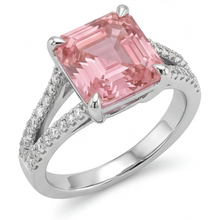 Afbeelding in Gallery-weergave laden, Perzikkleurige saffier verlovingsring 3,8 karaat natuurlijk Asscher padparadscha pavé 14k witgoud
