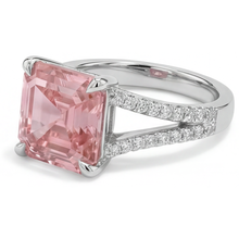 Afbeelding in Gallery-weergave laden, Perzikkleurige saffier 3,8 karaat natuurlijke Asscher padparadscha pavé ring 14k witgoud
