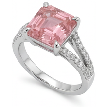 Afbeelding in Gallery-weergave laden, Perzikkleurige saffier verlovingsring 3,8 karaat natuurlijk Asscher padparadscha pavé 14k witgoud
