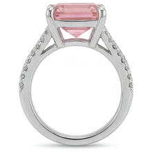 Afbeelding in Gallery-weergave laden, Perzikkleurige saffier verlovingsring 3,8 karaat natuurlijk Asscher padparadscha pavé 14k witgoud
