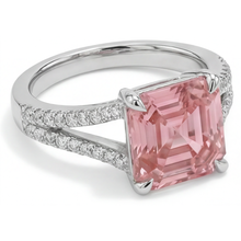 Afbeelding in Gallery-weergave laden, Perzikkleurige saffier 3,8 karaat natuurlijke Asscher padparadscha pavé ring 14k witgoud
