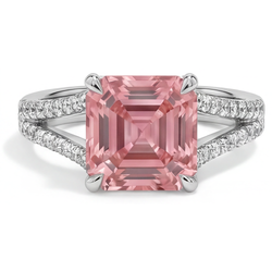 Perzikkleurige saffier verlovingsring 3,8 karaat natuurlijk Asscher padparadscha pavé 14k witgoud