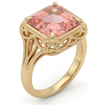 Afbeelding in Gallery-weergave laden, Perzikkleurige saffier 3,5 karaat echte Asscher padparadscha solitaire vintage ring 14K geelgoud
