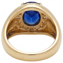 Afbeelding in Gallery-weergave laden, Blauwe Saffier Rond Geslepen Gekleurde Steen Ring in 14 Karaat Geelgoud – bovenaanzicht
