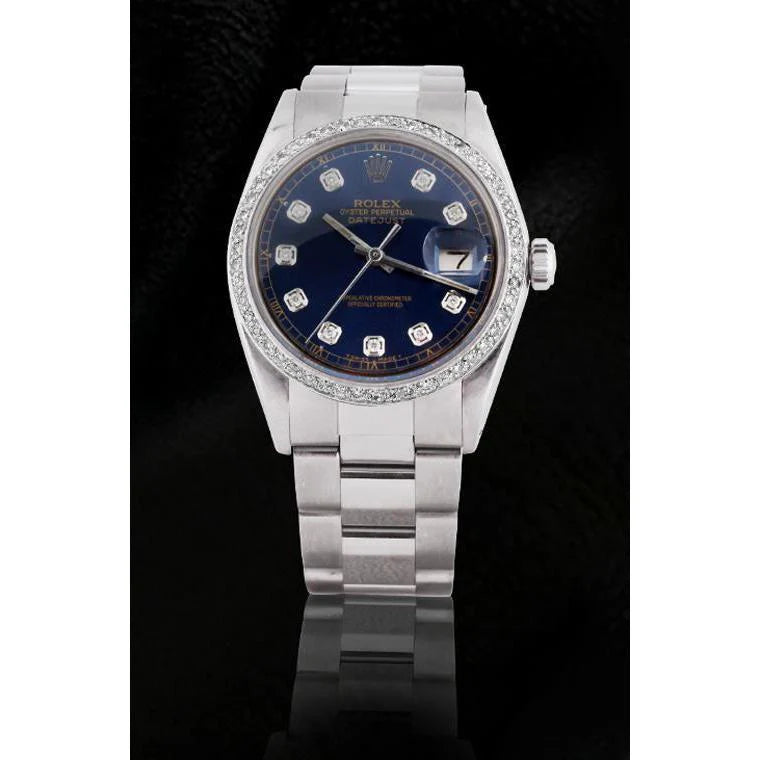 blauwe diamanten wijzerplaat Rolex Datumjust horloge roestvrij staal oesterarmband snel ingesteld
