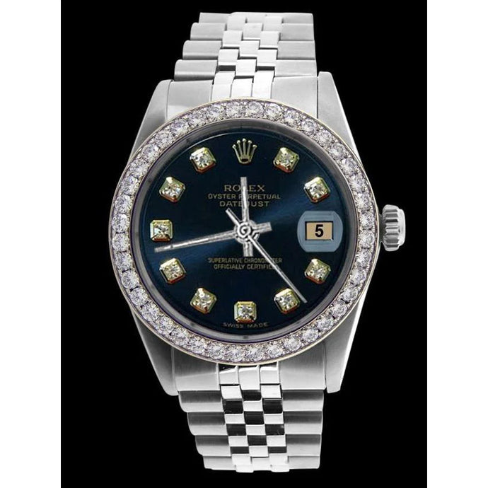 blauwe diamanten wijzerplaat heren Rolex roestvrijstalen jubileumarmband Datumjust horloge snel ingesteld
