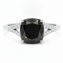 Afbeelding in Gallery-weergave laden, Zwarte diamanten ring, 3,2 karaat, echte kussenslijpvorm, pavé, kathedraal, 14k witgoud
