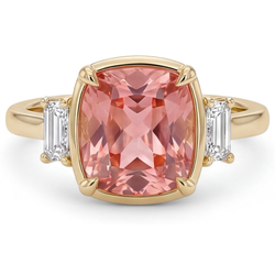 Padparadscha saffier en diamanten ring 3,4 karaat echte kussengeslepen witte baguette driesteens 14K geelgoud