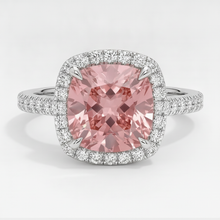 Afbeelding in Gallery-weergave laden, Halo pavé ring van 14k witgoud met natuurlijke kussengeslepen padparadscha perziksaffier van 2,8 karaat
