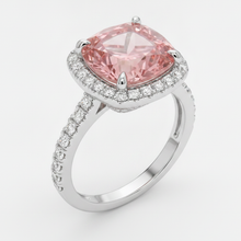 Afbeelding in Gallery-weergave laden, Halo pavé ring van 14k witgoud met natuurlijke kussengeslepen padparadscha perziksaffier van 2,8 karaat
