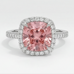 Halo pavé ring van 14k witgoud met natuurlijke kussengeslepen padparadscha perziksaffier van 2,8 karaat
