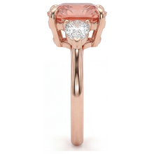 Afbeelding in Gallery-weergave laden, Perzikkleurige saffier 2,9 karaat natuurlijke kussengeslepen padparadscha en witte halvemaan driesteens ring 14K Roségoud
