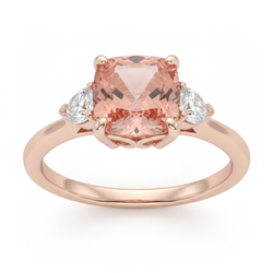 Perzikkleurige saffier 2,9 karaat natuurlijke kussengeslepen padparadscha en witte halvemaan driesteens ring 14K Roségoud