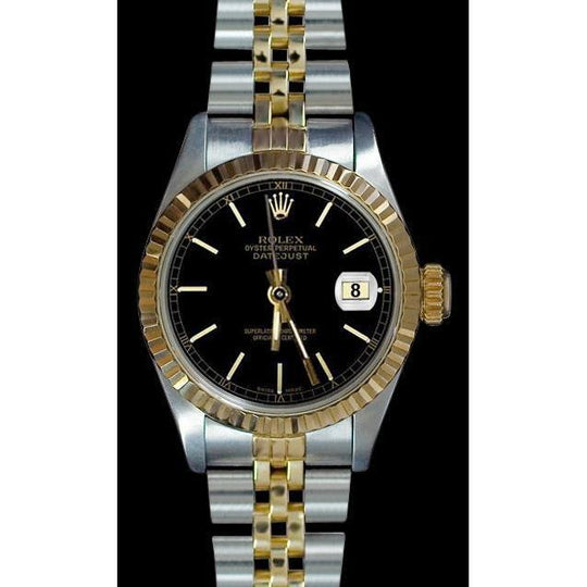 datumjust dame Rolex horloge zwarte wijzerplaat roestvrij staal en geelgoud Jubi
