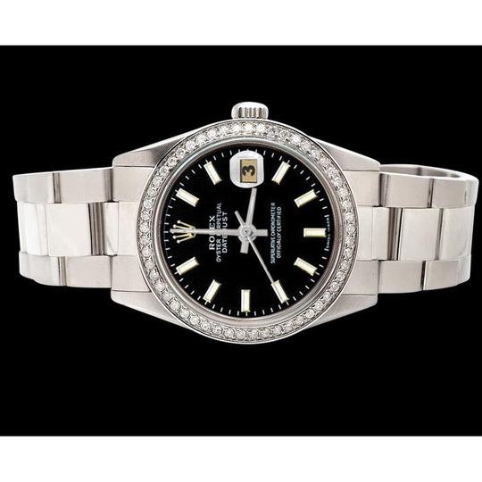 diamant Lunette Datumjust horloge Zwarte stok Wijzerplaat Roestvrij staaloester Rolex SNELLE INSTELLING
