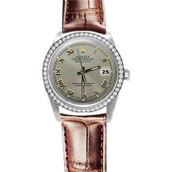 diamant lunette grijs Rolex Datumjust horloge bruin leren band SNELLE INSTELLING