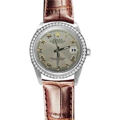diamant lunette grijs Rolex Datumjust horloge bruin leren band SNELLE INSTELLING

