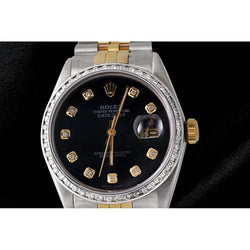 diamanten lunette heren Rolex horloge zwarte diamanten wijzerplaat Datumjust armband