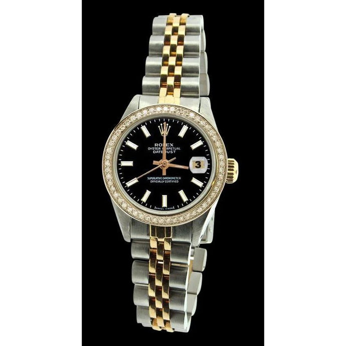 diamanten rand Rolex Datumjust dameshorloge wijzerplaat jubileum roestvrij staal en goud
