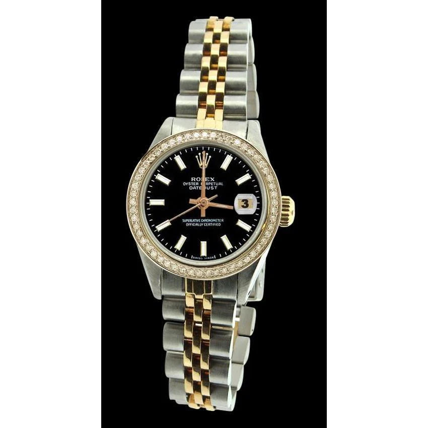 diamanten rand Rolex Datumjust dameshorloge wijzerplaat jubileum roestvrij staal en goud
