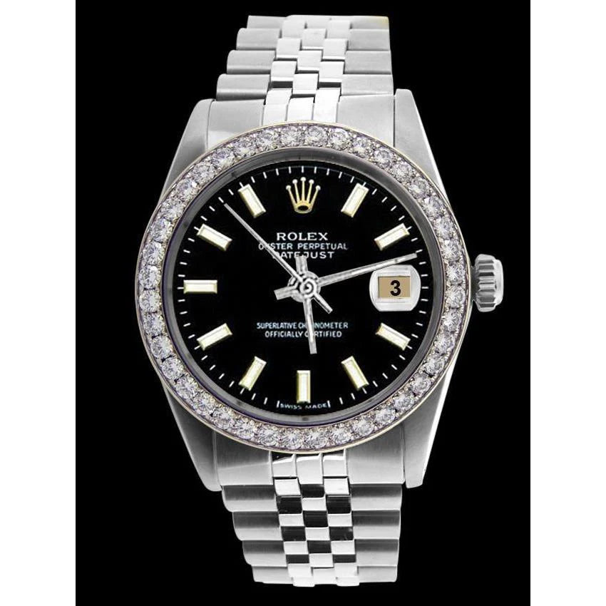 diamanten rand Rolex herenhorloge zwarte stok wijzerplaat roestvrijstalen jubileumarmband snel ingesteld
