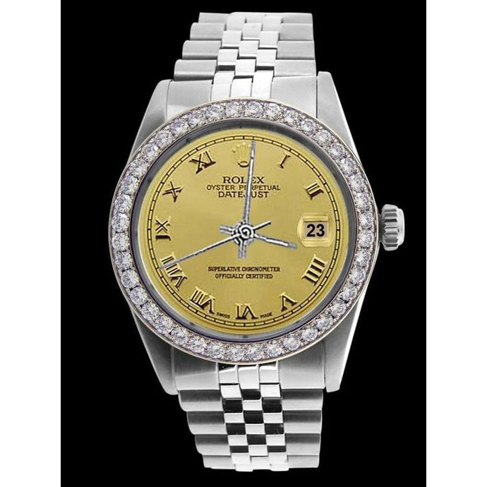 diamanten rand Rolex roestvrij staal champagne Romeinse wijzerplaat Datumjust herenhorloge SNELLE INSTELLING
