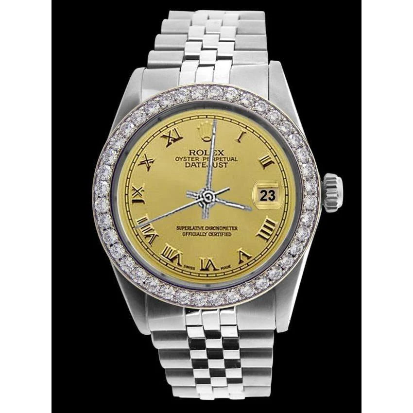 diamanten rand Rolex roestvrij staal champagne Romeinse wijzerplaat Datumjust herenhorloge SNELLE INSTELLING
