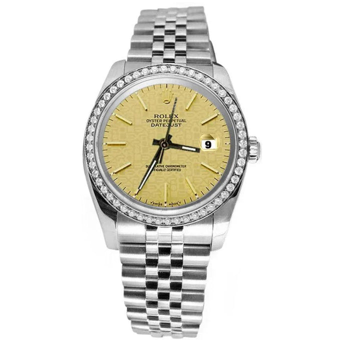 diamanten rand champagne stok wijzerplaat datumjust Rolex roestvrijstalen jubileumhorloge snel ingesteld
