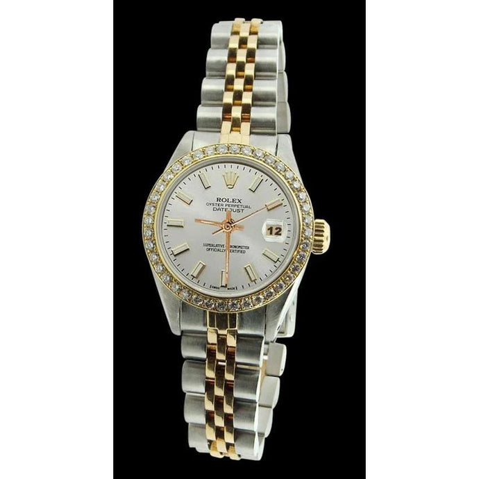 diamanten rand dame Rolex Datumjust horloge tweekleurige jubileumarmband
