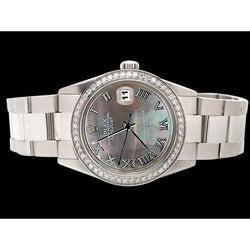 diamanten rand grijze Romeinse wijzerplaat roestvrij staal datumjust horloge Rolex snel ingesteld