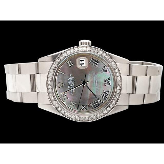 diamanten rand grijze Romeinse wijzerplaat roestvrij staal datumjust horloge Rolex snel ingesteld
