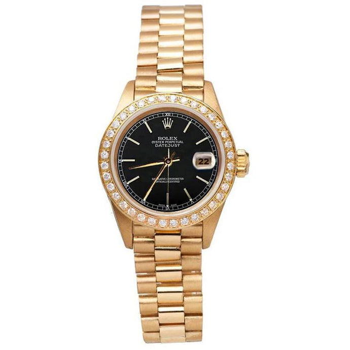 diamanten rand zwarte stok wijzerplaat Rolex voorzitter Stijl horloge Datumjust geel goud
