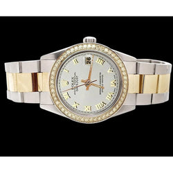 eeuwigdurende Datumjust oester roestvrij staal en goud Rolex-horloge met witte Romeinse wijzerplaat snel ingesteld
