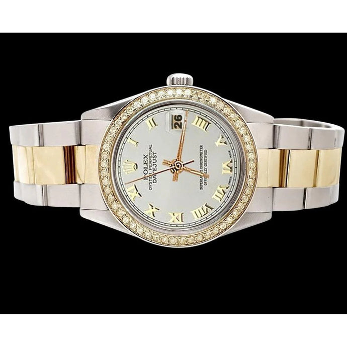 eeuwigdurende Datumjust oester roestvrij staal en goud Rolex-horloge met witte Romeinse wijzerplaat snel ingesteld
