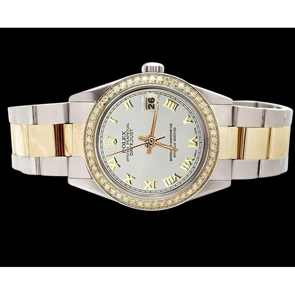 eeuwigdurende Datumjust oester roestvrij staal en goud Rolex-horloge met witte Romeinse wijzerplaat snel ingesteld

