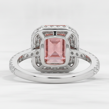 Afbeelding in Gallery-weergave laden, Padparadscha saffier ring 3,8 karaat natuurlijke smaragd dubbele halo 14k witgoud
