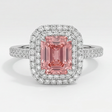 Afbeelding in Gallery-weergave laden, Padparadscha saffier ring 3,8 karaat natuurlijke smaragd dubbele halo 14k witgoud
