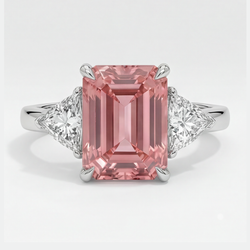 Padparadscha saffier ring 3,6 karaat, echte smaragd en witte triljant, driesteens, platina